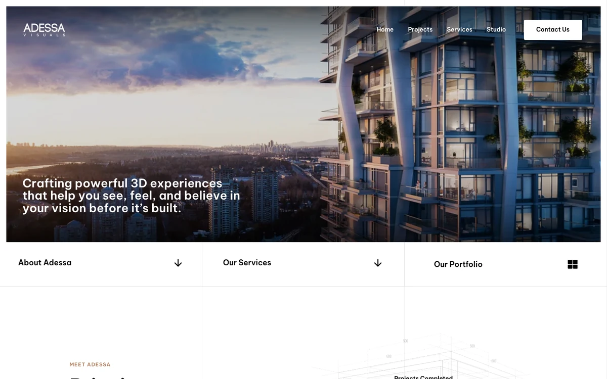 Screenshot of the Adessa Visuals website homepage