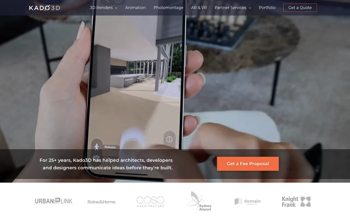 Screenshot of the Kado3D website homepage