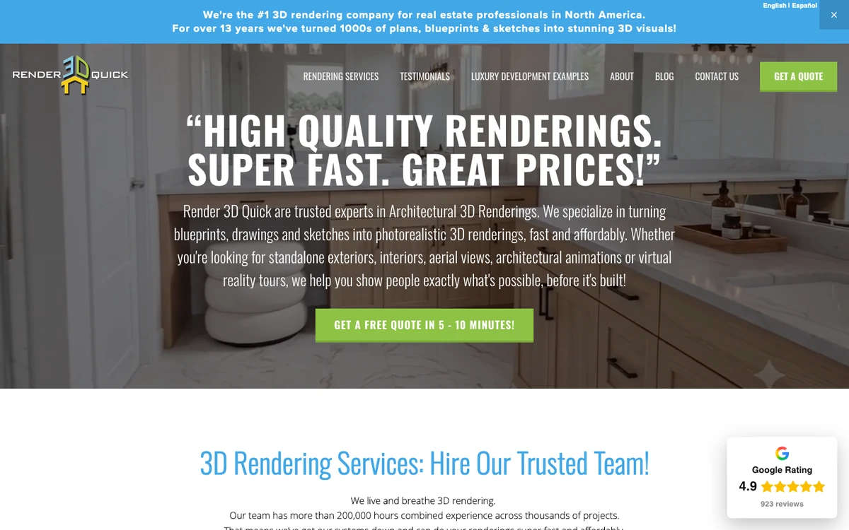 Screenshot of the Render 3D Quick website homepage