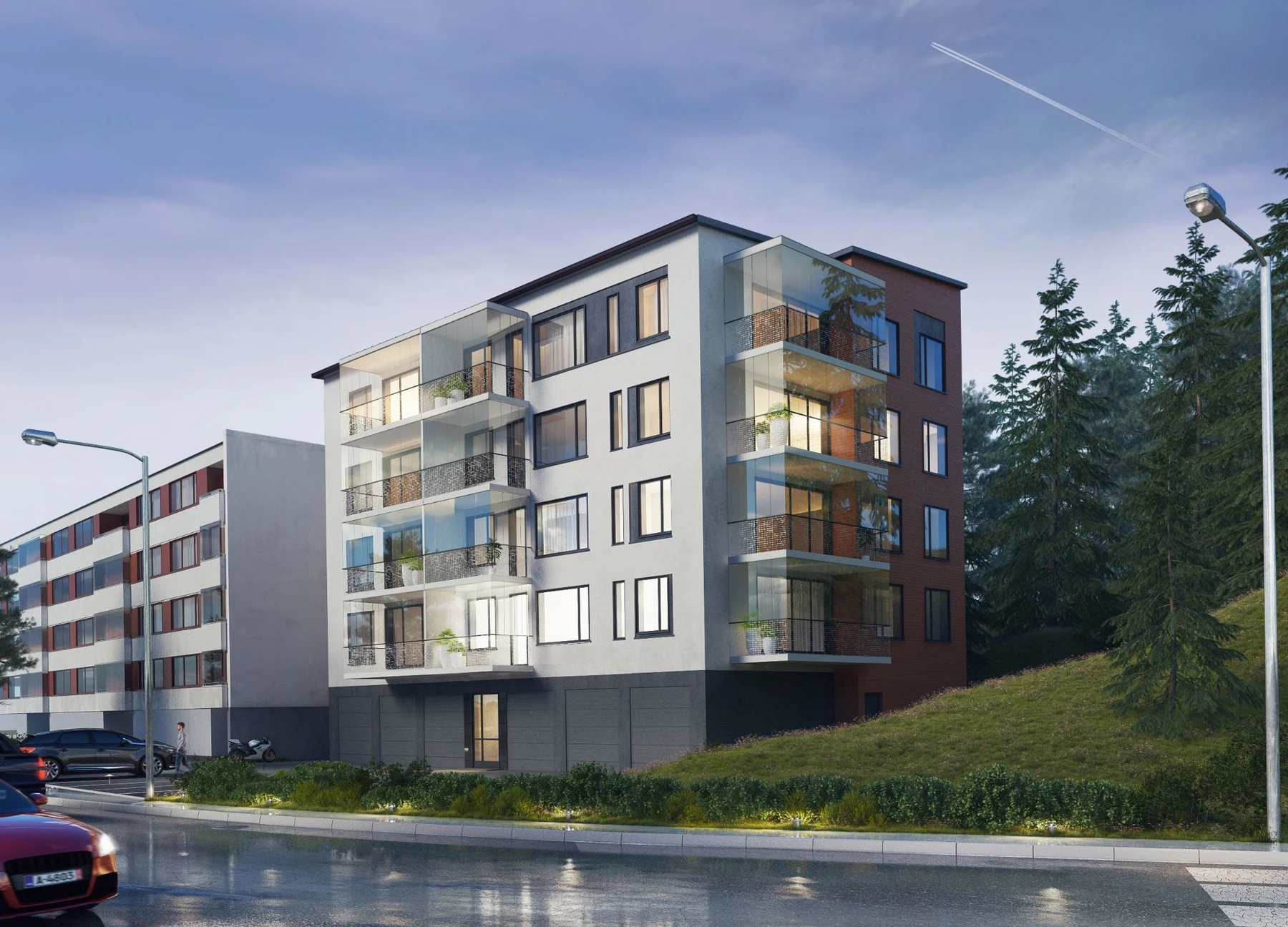 3D exterior rendering of an apartment building at dusk