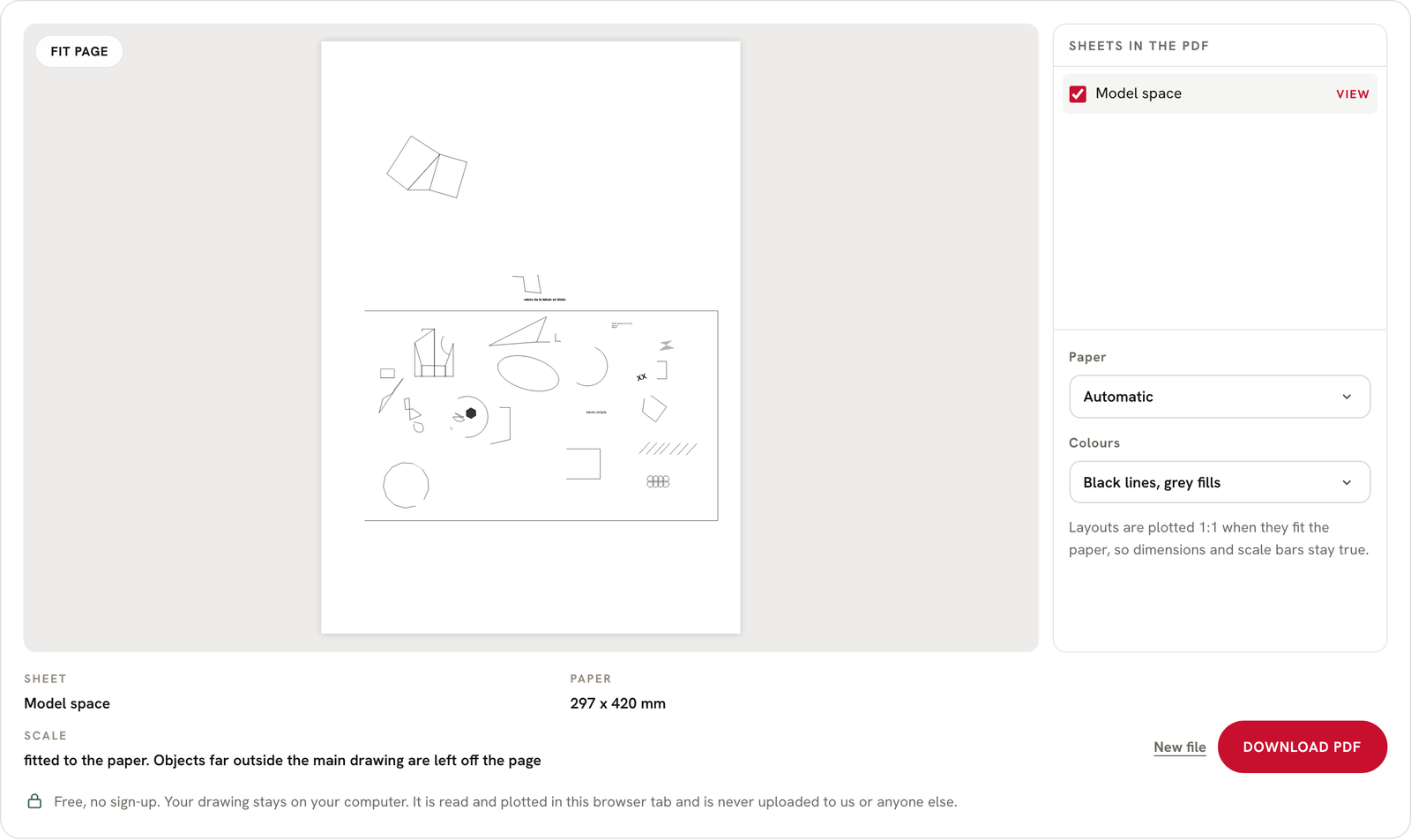 Screenshot of the free DWG to PDF converter showing a drawing on an A3 sheet