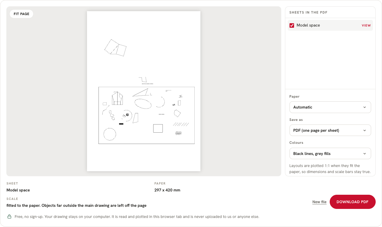 Screenshot of the free DXF converter showing a drawing on a sheet