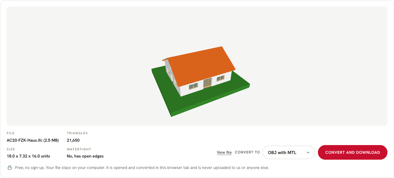 Screenshot of the free FBX converter with a house model loaded