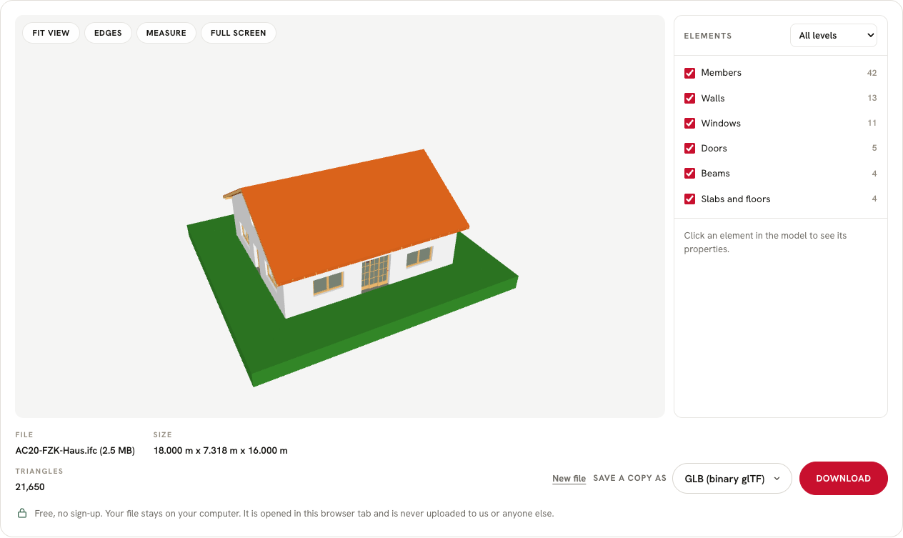 Screenshot of the free IFC viewer showing a house model with its element list
