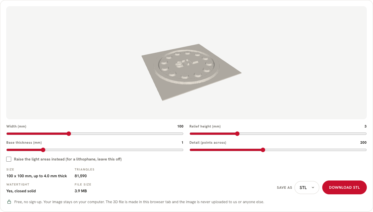 Screenshot of the free image to STL converter showing a round emblem as a 3D relief