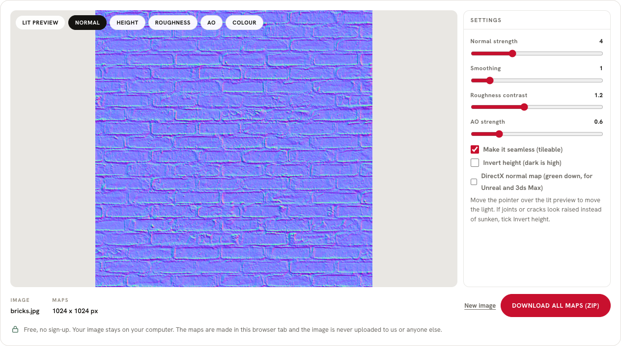 Screenshot of the free normal map generator showing a brick wall normal map