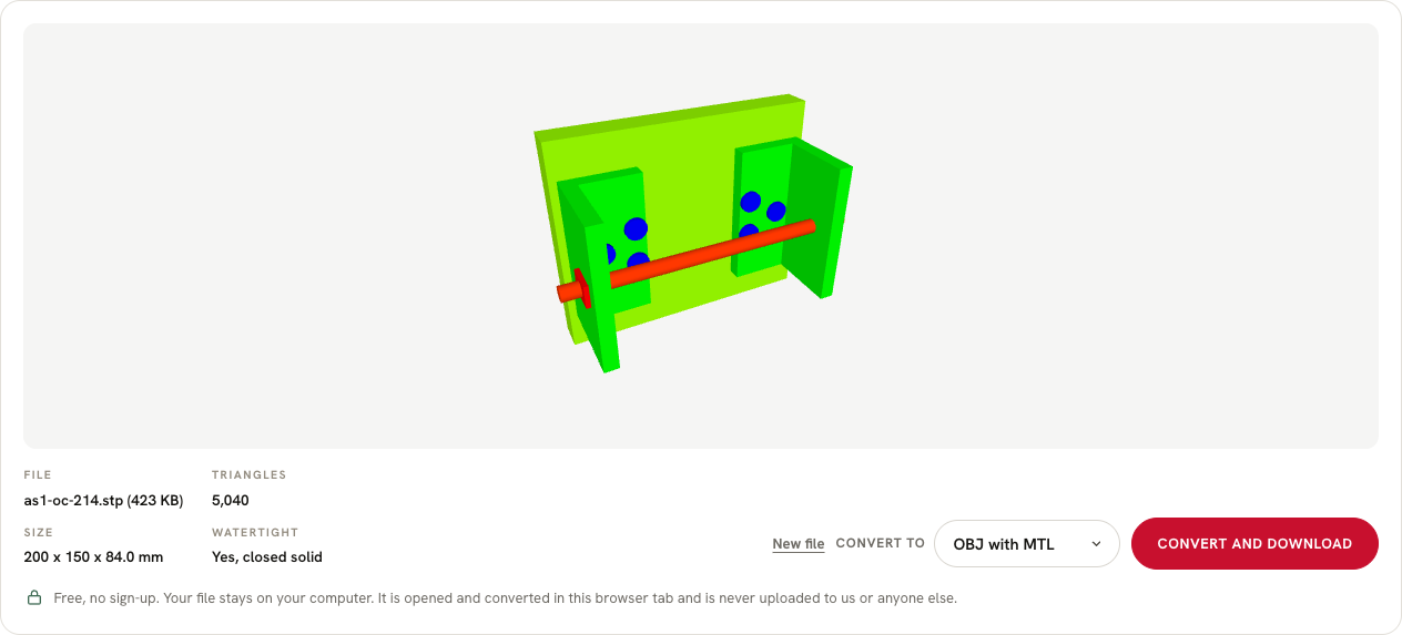 Screenshot of the free OBJ converter with a STEP assembly loaded