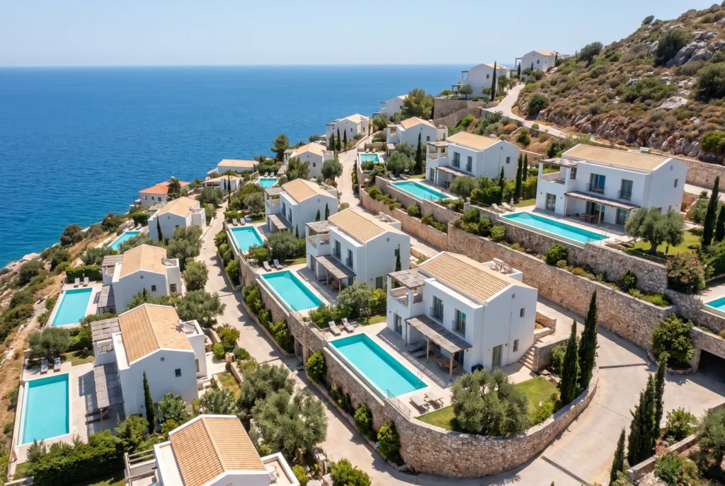 Vista aerea di ville collinari sul mare, immagine concettuale AI