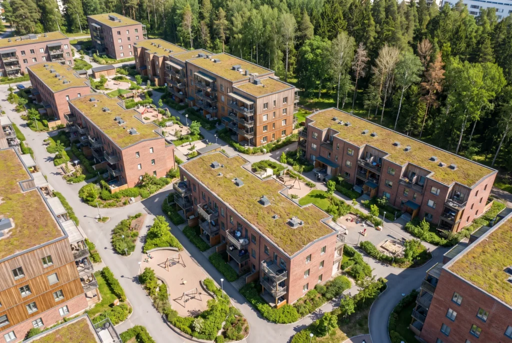 Vista aerea di un quartiere residenziale vicino a una foresta, immagine concettuale AI