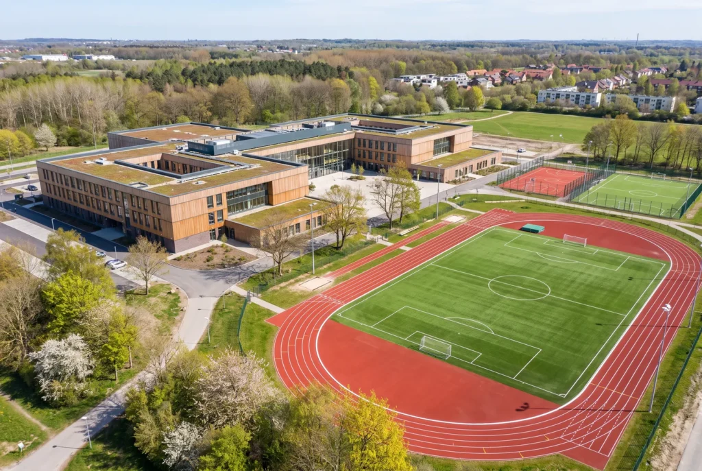 Vista aerea di un campus scolastico, immagine concettuale AI