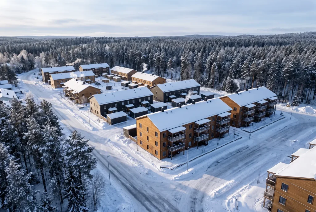 Vista aerea di complessi residenziali in inverno, immagine concettuale AI