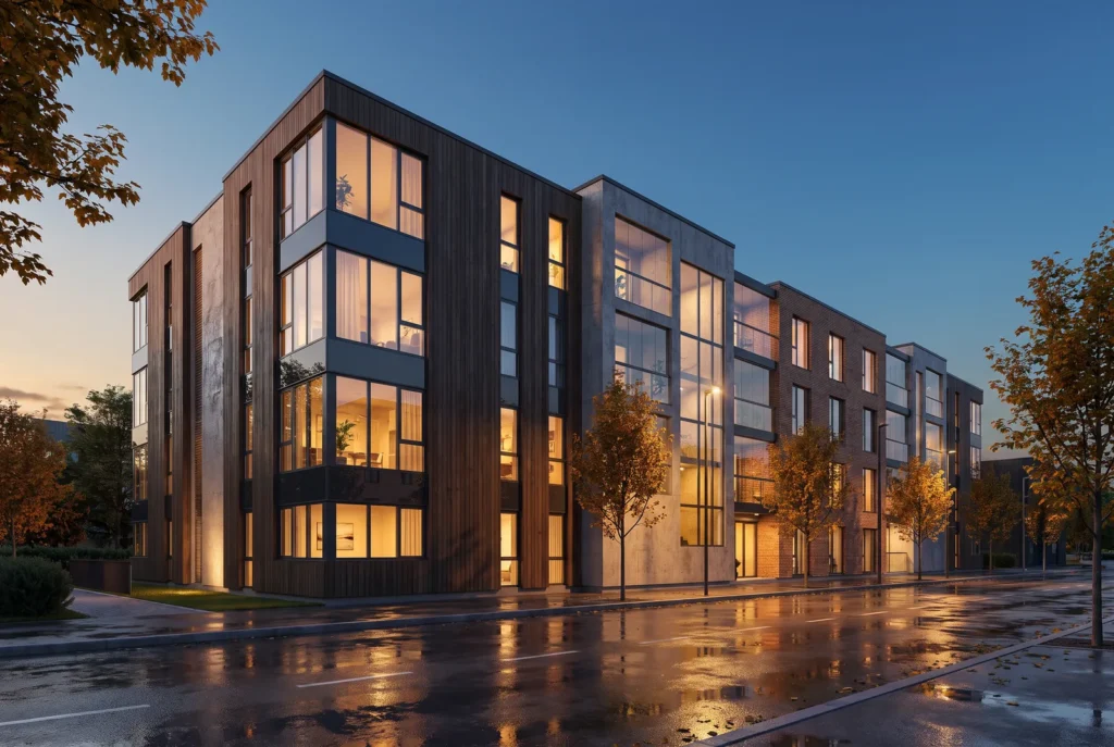 Edificio residenziale al tramonto dopo la pioggia, immagine concettuale AI
