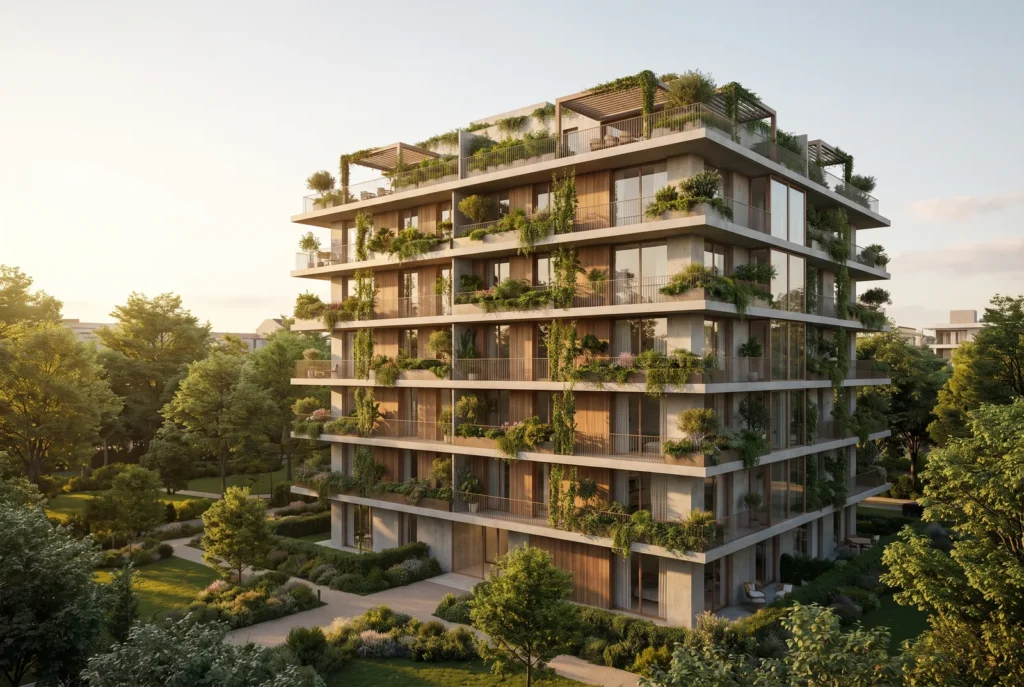 Edificio residenziale con balconi piantumati, immagine concettuale AI