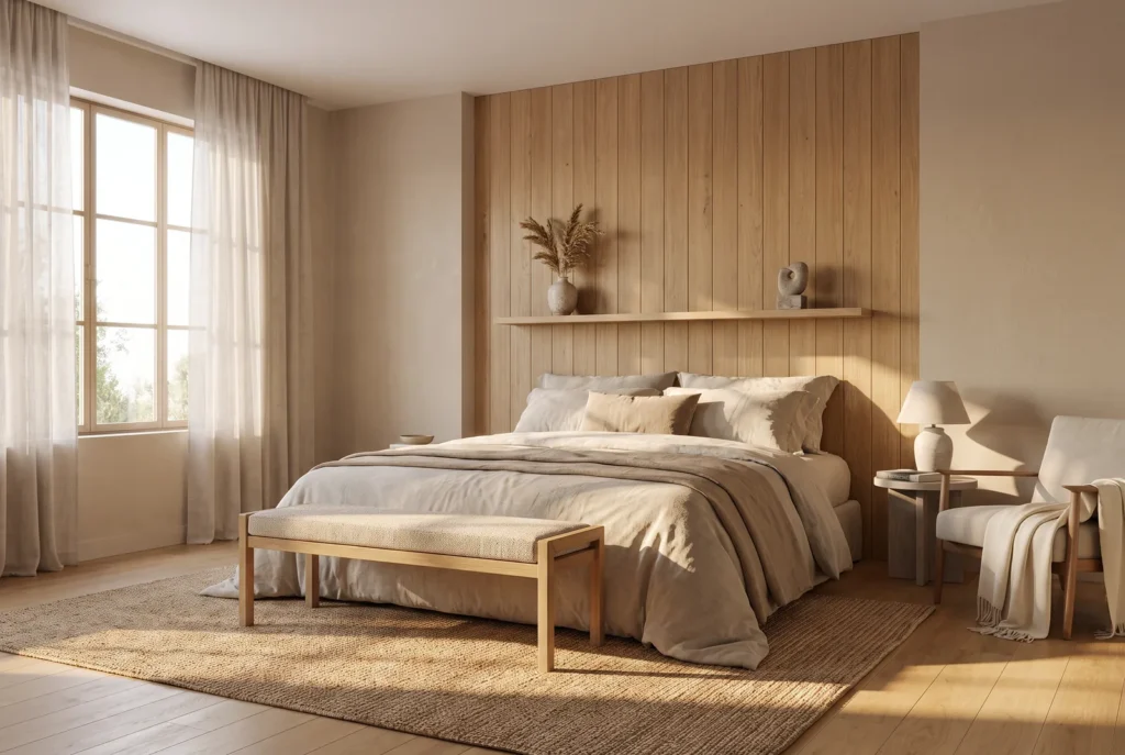 Camera da letto con testiera in rovere alla luce del mattino, immagine concettuale AI