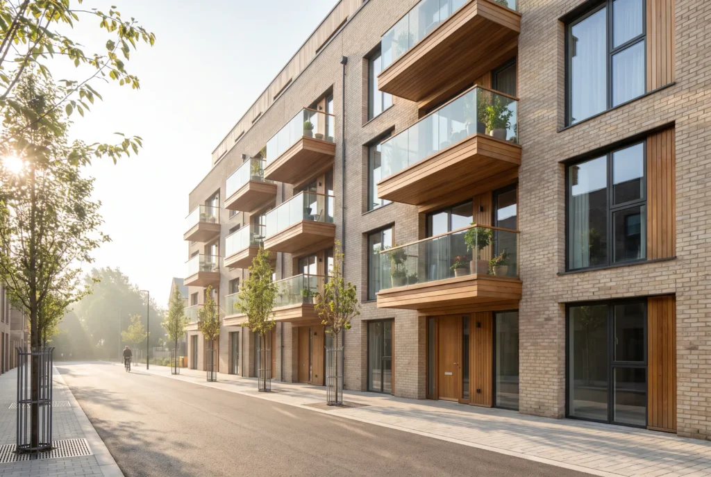 Edificio residenziale in mattoni con balconi in legno, immagine concettuale AI