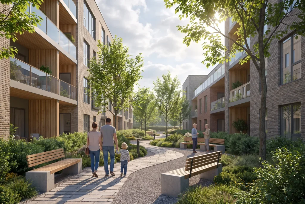 Cortile condominiale con una famiglia che cammina, estate, immagine concettuale AI