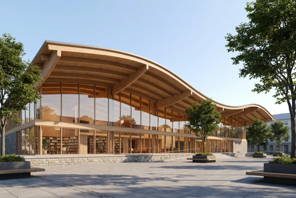Biblioteca con tetto curvo in legno e piazza, immagine concettuale AI