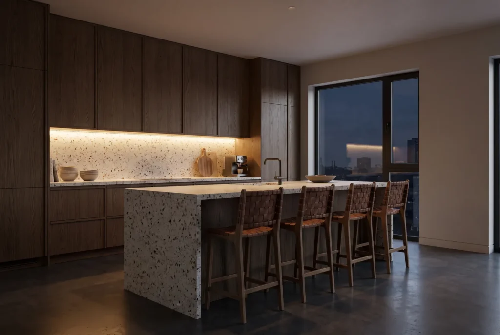 Cucina in rovere scuro la sera, immagine concettuale AI
