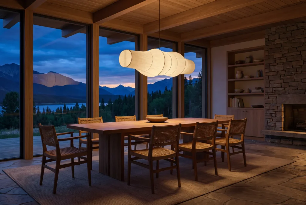 Sala da pranzo con un lungo tavolo al tramonto, immagine concettuale AI