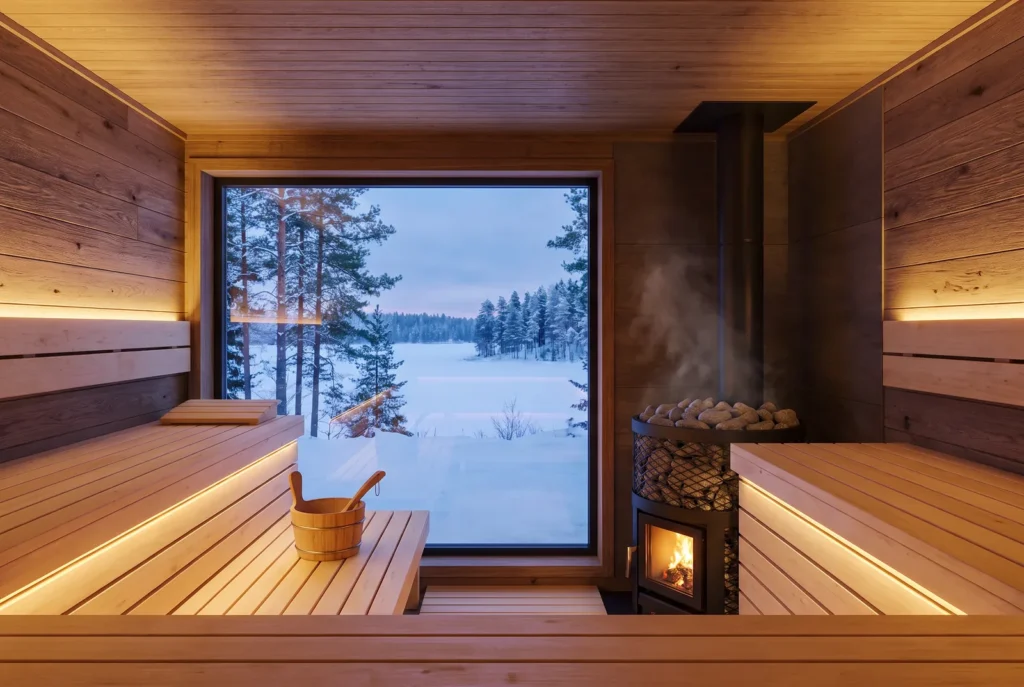 Sauna finlandese con vista lago, immagine concettuale AI