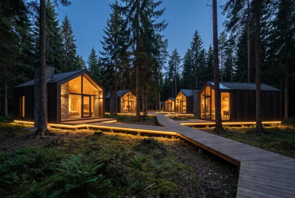 Capanne del resort nella foresta di notte, immagine concettuale AI