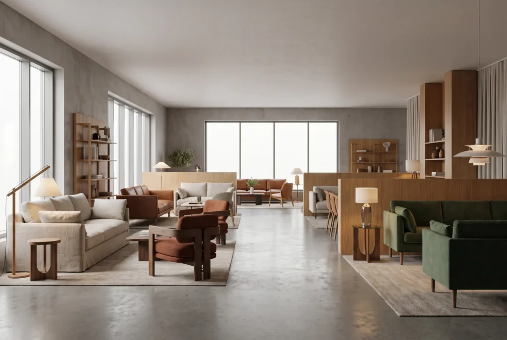 Interno showroom di mobili, immagine concettuale IA