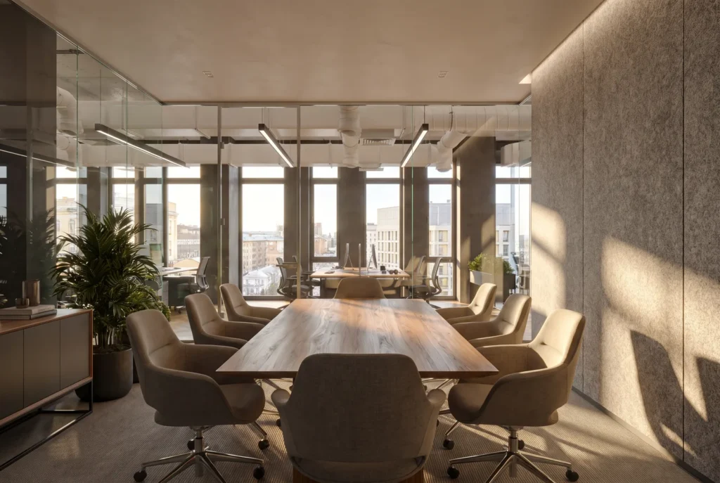 Sala riunioni con pareti in vetro, immagine concettuale AI