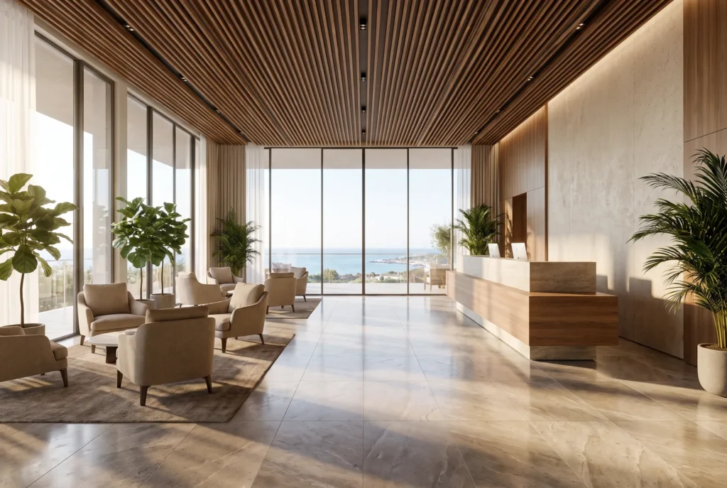 Lobby di hotel con soffitto in legno, immagine concettuale AI