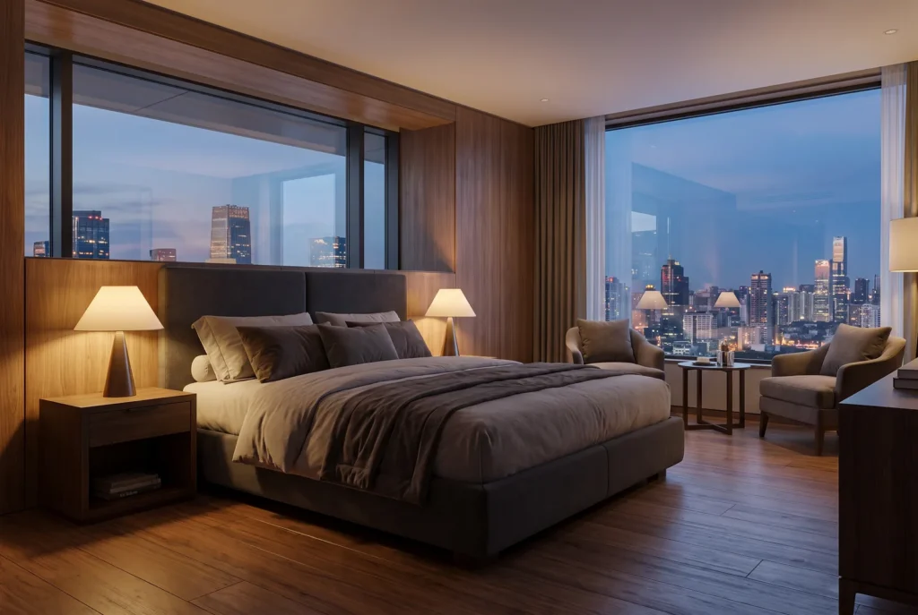 Camera d'albergo con vista sulla città al tramonto, immagine concettuale AI