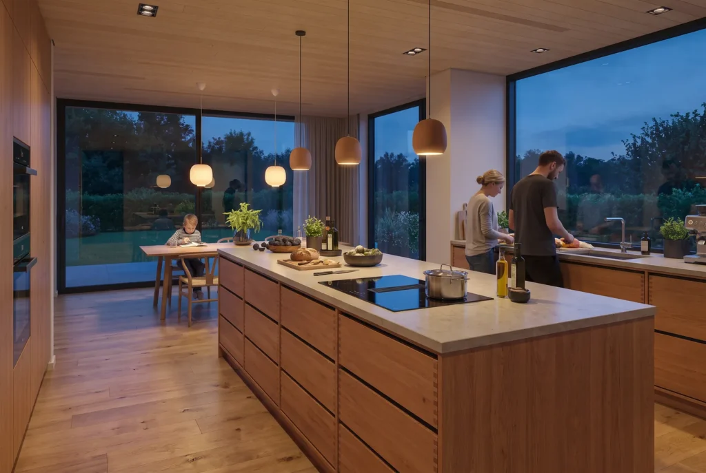 Cucina in famiglia in una cucina a vista di sera, immagine concettuale AI