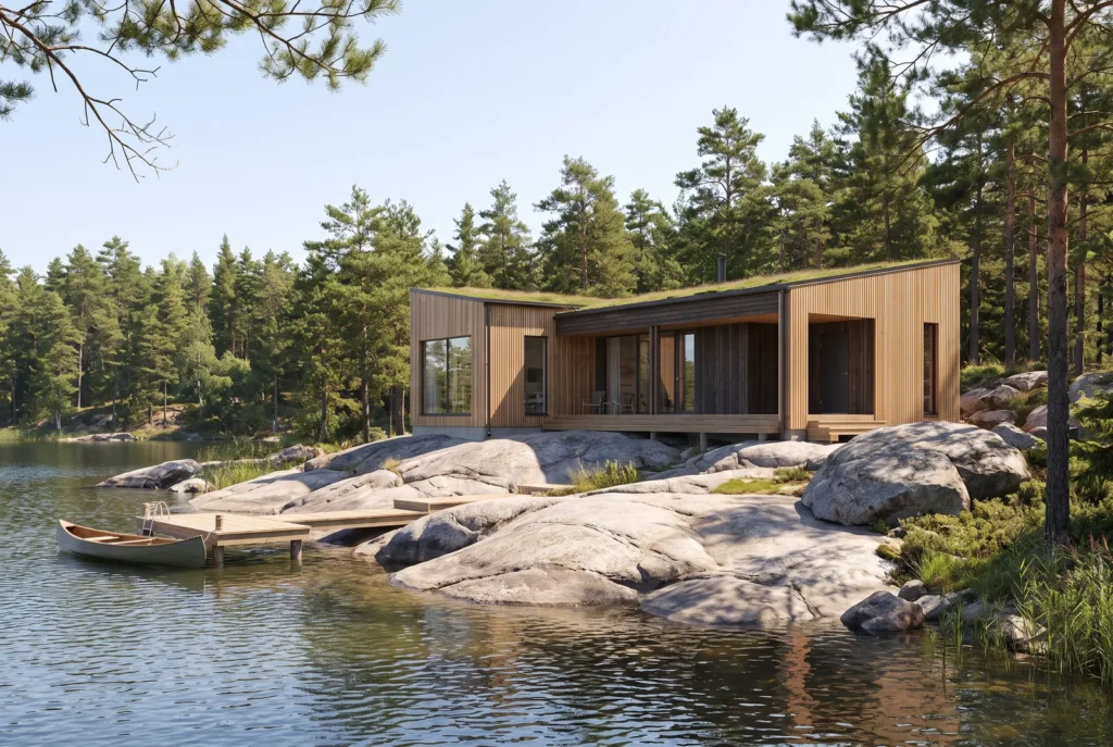 Casa estiva in legno su rocce in riva al lago, Finlandia, immagine concettuale AI