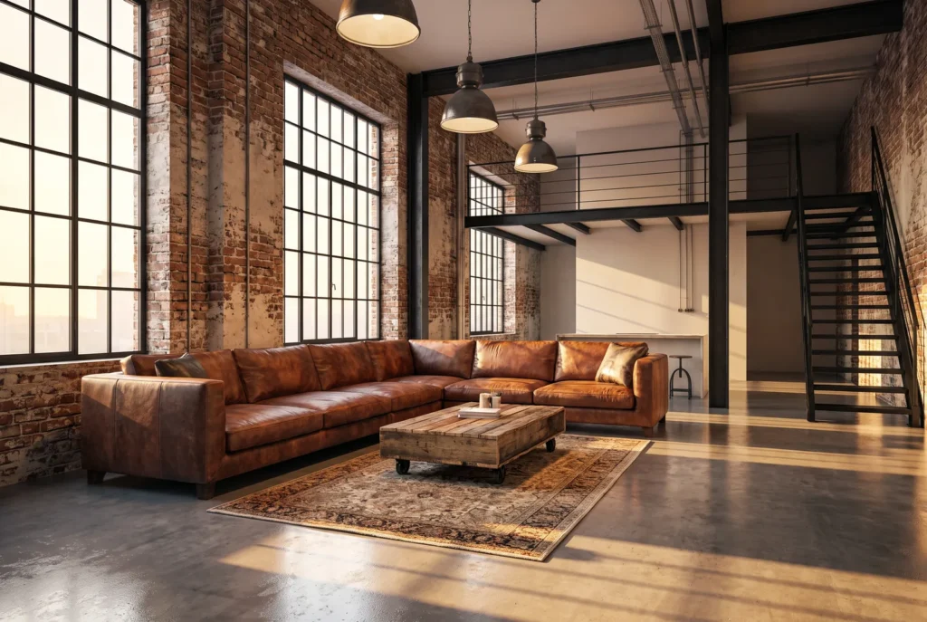 Appartamento loft con pareti in mattoni e finestre in acciaio, immagine concettuale AI