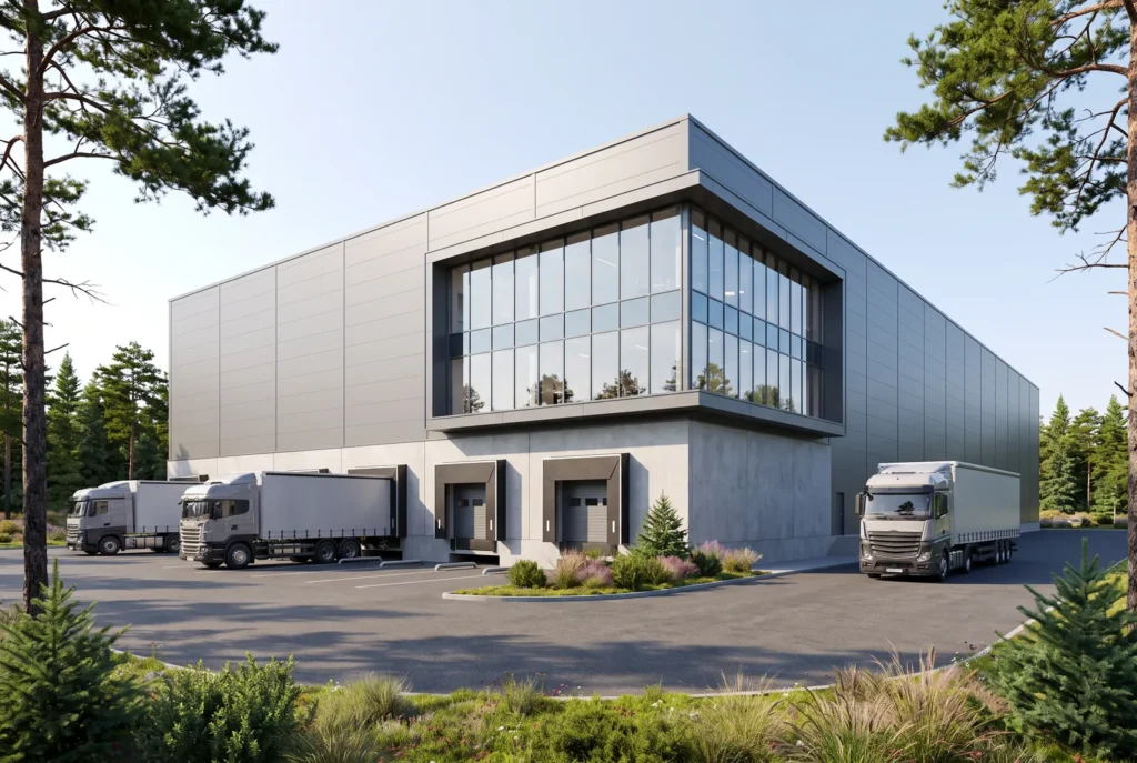 Magazzino logistico con fronte ufficio, immagine concettuale AI