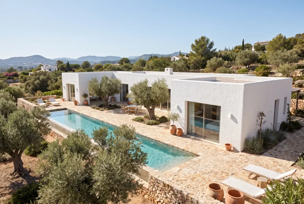 Casa bianca a forma di L con piscina, Spagna, immagine concettuale AI
