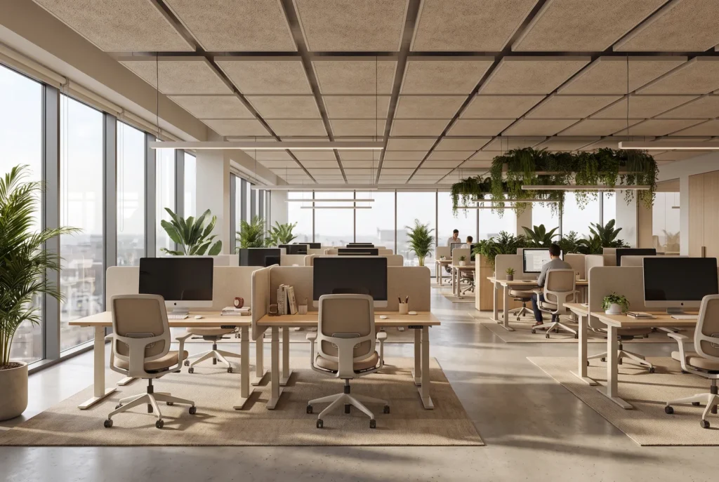 Ufficio open space con piante, immagine concettuale AI