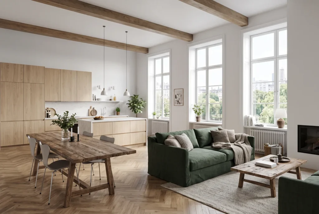 Soggiorno e cucina open space con finestre alte, immagine concettuale AI