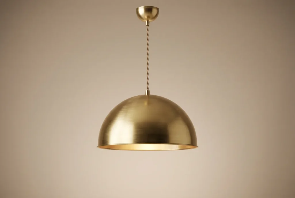 Lampada a sospensione in ottone, scatto in studio, immagine concettuale AI