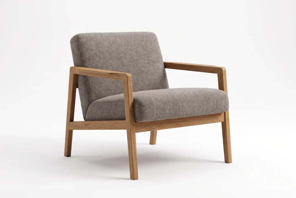 Poltrona lounge in rovere con seduta in lana, scatto in studio, immagine concettuale AI