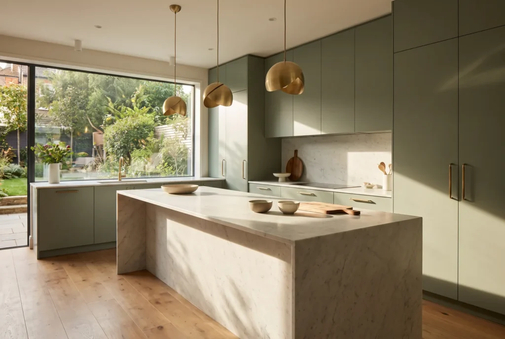 Cucina verde salvia con isola in pietra, immagine concettuale AI