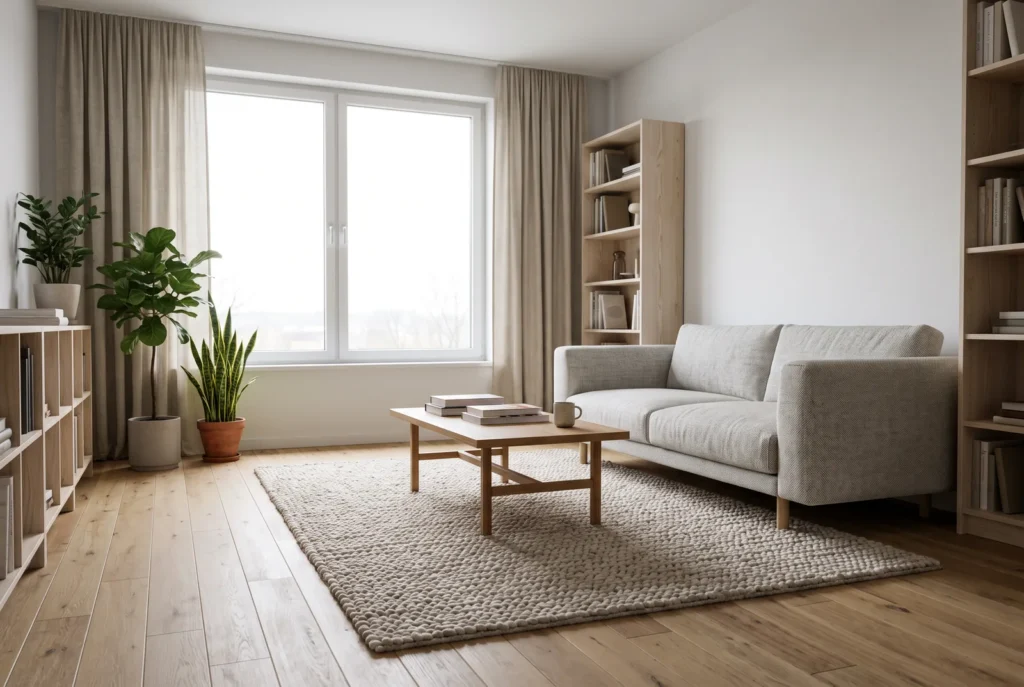 Soggiorno scandinavo in luce soffusa diurna, immagine concettuale AI