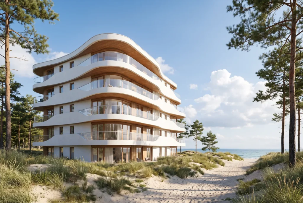Edificio residenziale sul mare con balconi curvi, immagine concettuale AI