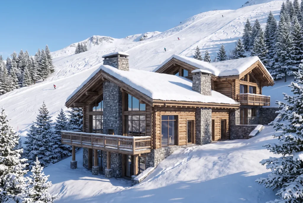 Hotel di montagna in una stazione sciistica in inverno, immagine concettuale AI