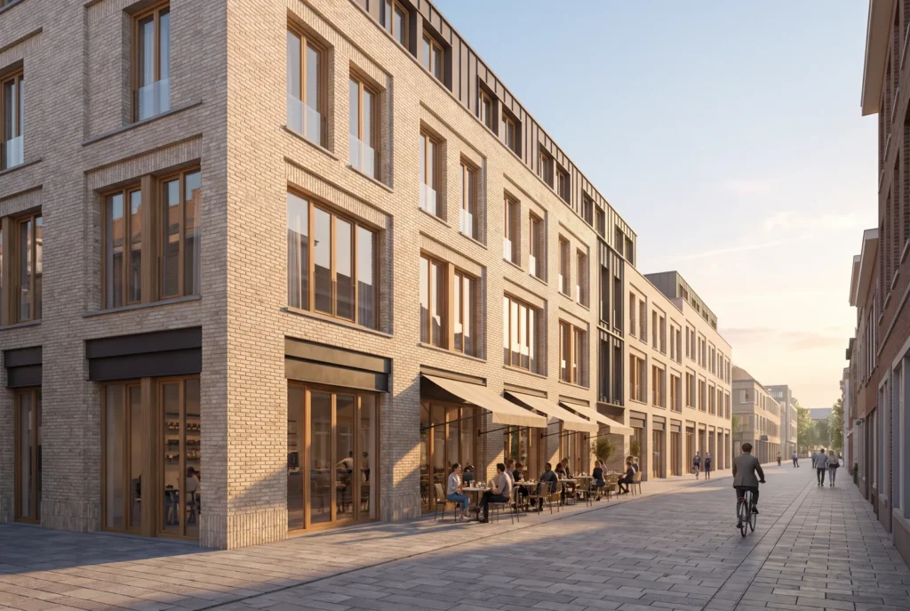 Terrazza di un caffè su strada di fronte a un nuovo edificio, immagine concettuale AI