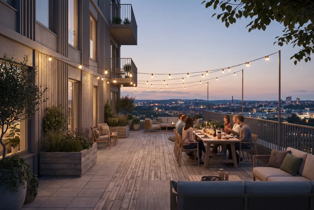 Cena in terrazza sul tetto al tramonto, immagine concettuale IA