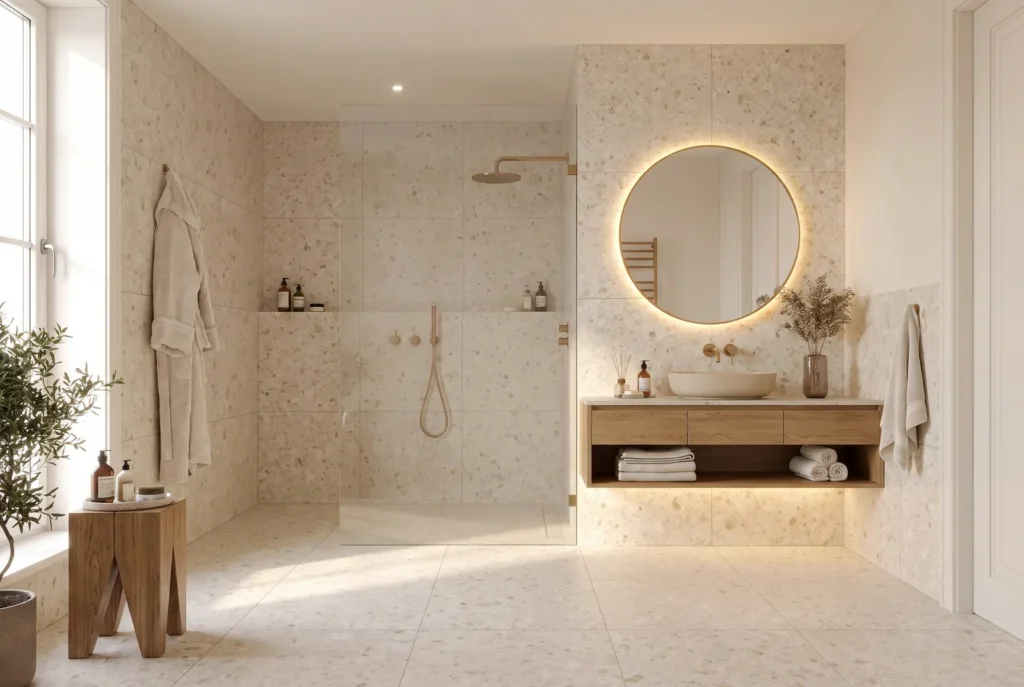 Bagno in terrazzo con doccia a filo pavimento, immagine concettuale AI