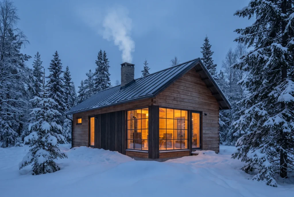Capanna in legno nella neve all'ora blu, immagine concettuale AI