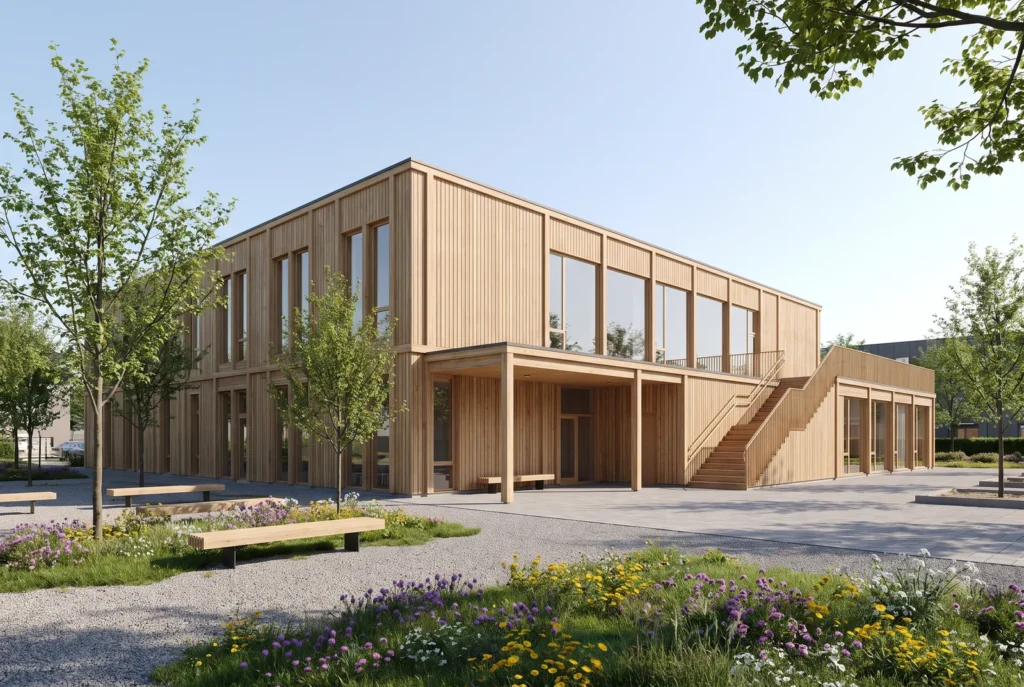 Edificio scolastico in legno con un cortile scolastico, immagine concettuale AI