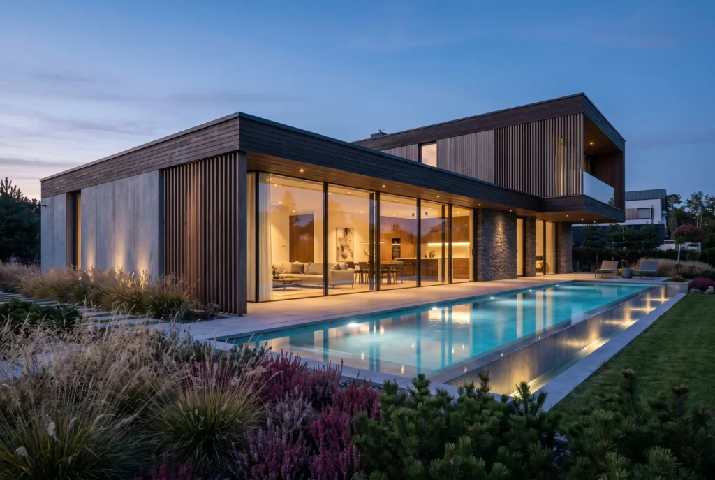 Villa moderna con piscina all'ora blu, immagine concettuale AI