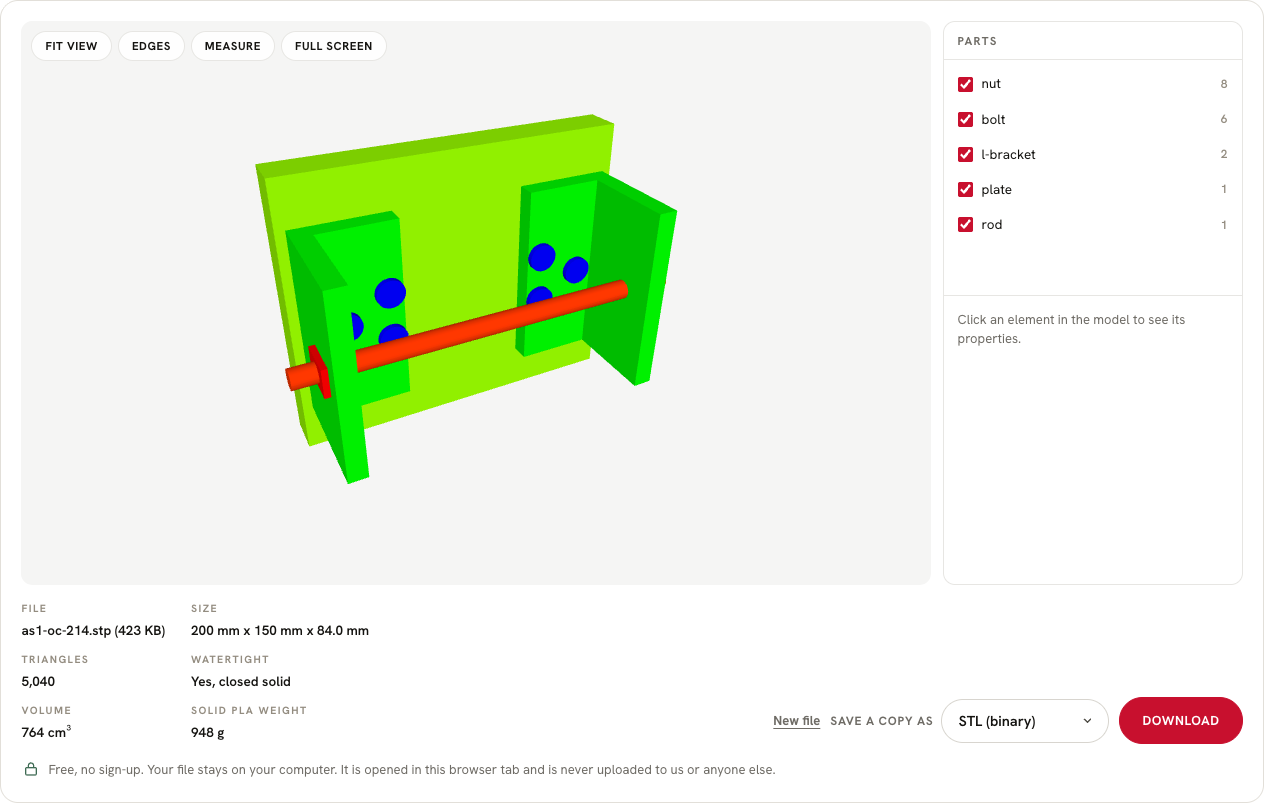 Screenshot of the free STEP viewer showing an assembly with its parts list