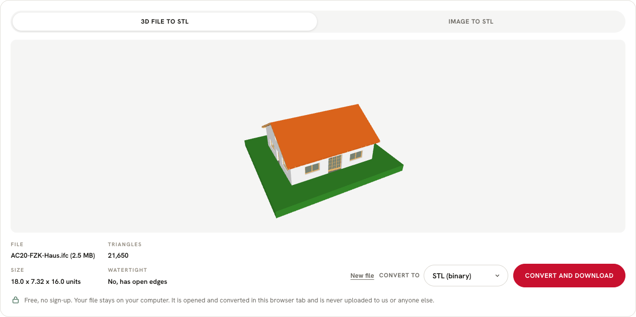 Screenshot of the free STL converter with a house model loaded